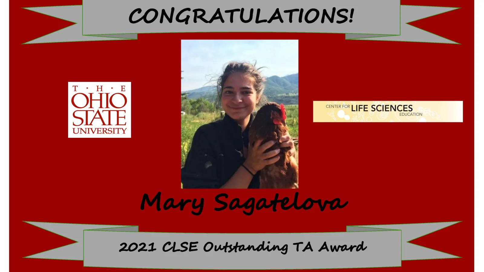 2021 CLSE Outstanding TA Award Winner, Mary Sagatelova holding a chicken