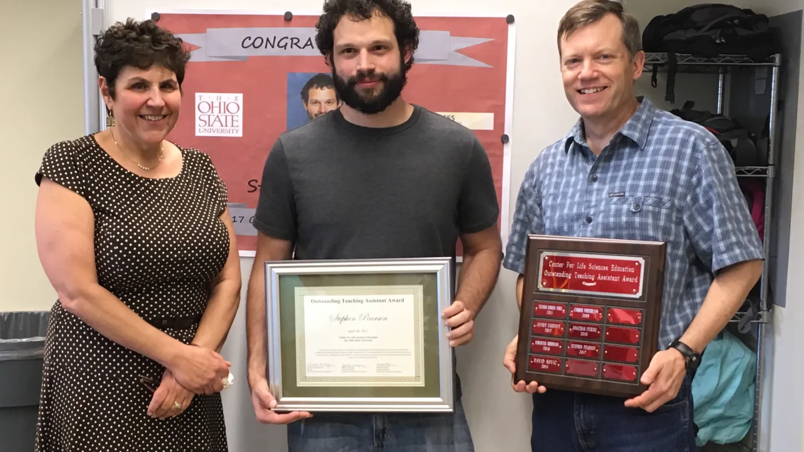 Stephen Pearson with 2017 CLSE TA Award.  Also pictured are Judy Ridgway and Matt Misicka (CLSE Assistant Directors).