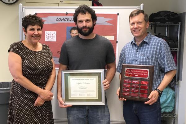 Stephen Pearson with 2017 CLSE TA Award.  Also pictured are Judy Ridgway and Matt Misicka (CLSE Assistant Directors).