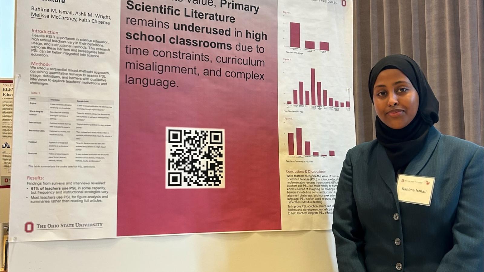 Rahima Ismail with poster at the Denman Undergraduate Research Forum